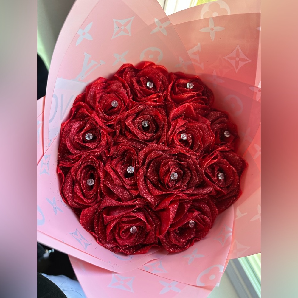 Pink Monogram Bouquet Wrap with Red Bow